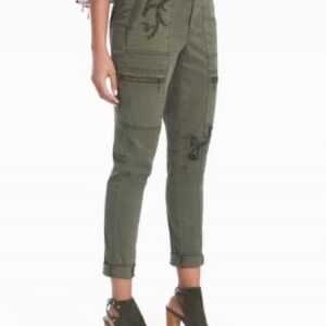 White House Black Market Olive Cargo/Utility Cropped embroidered Pants EUC